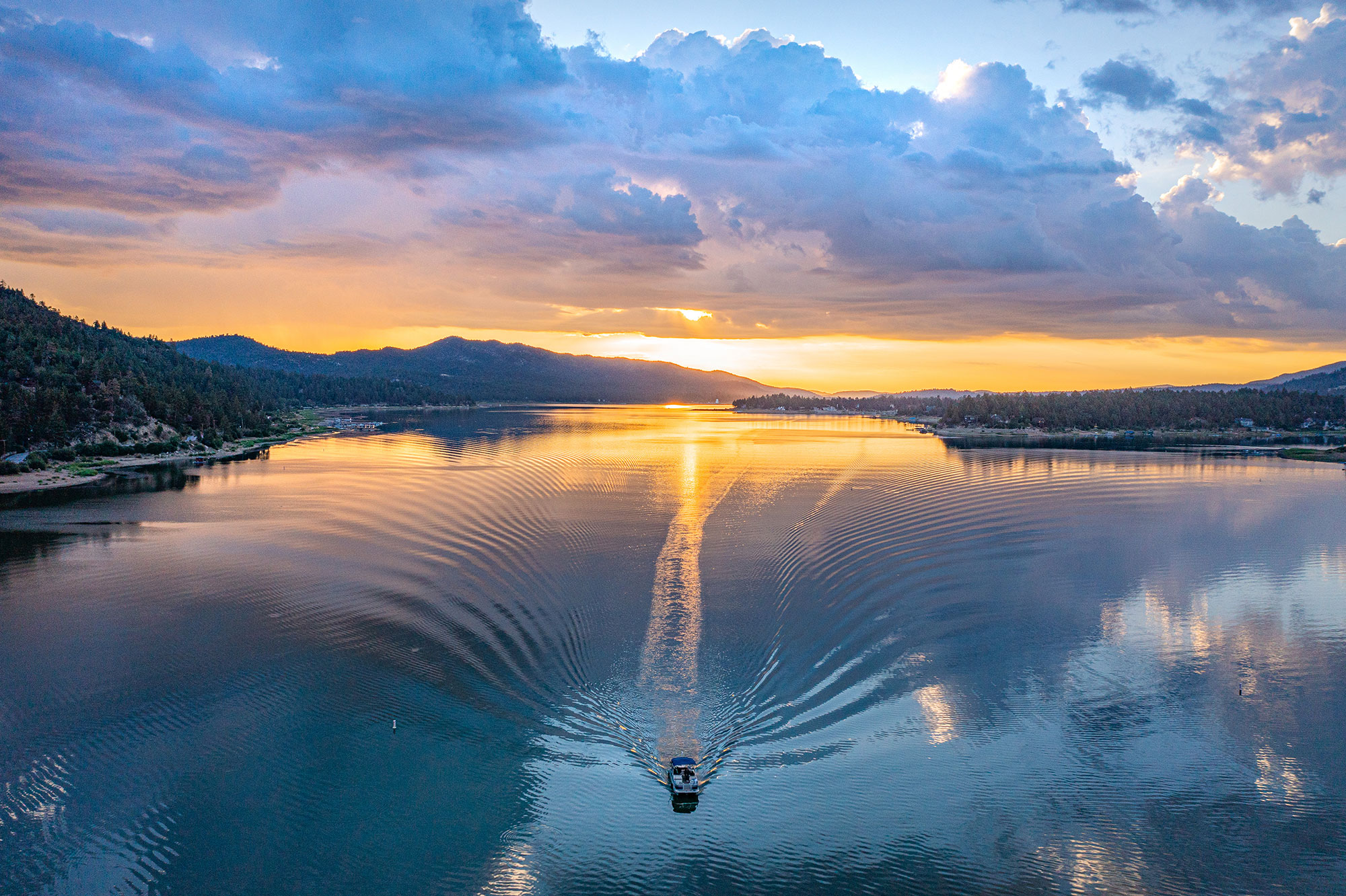 Big Bear Lake boating at sunset