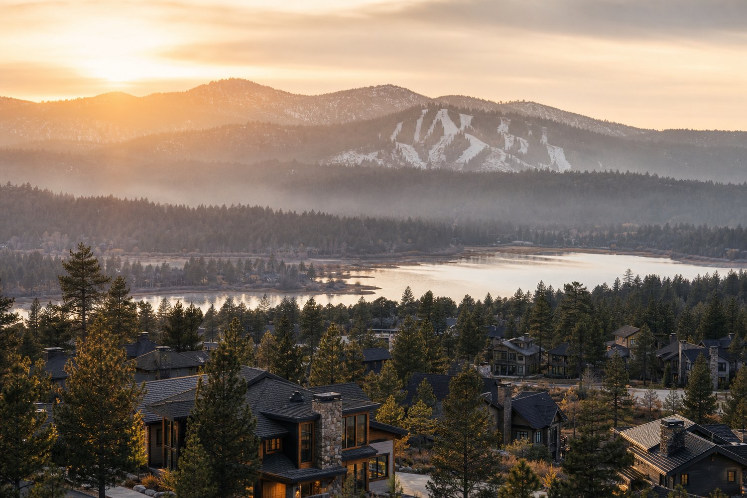 The city skyline rising beyond residential streets in Big Bear Lake, CA