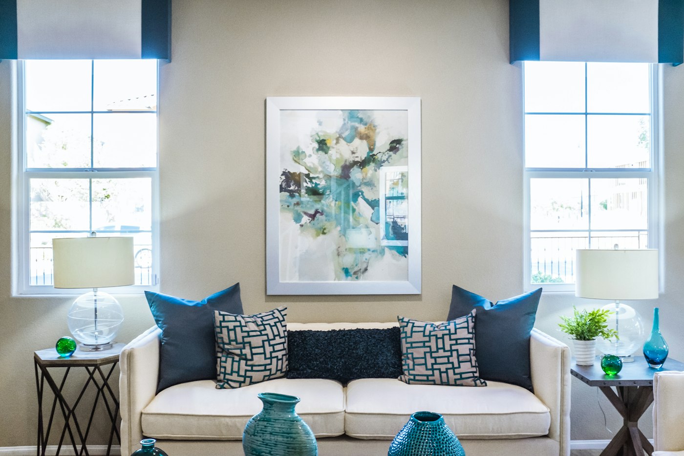 Bright, well-staged cabin living room interior