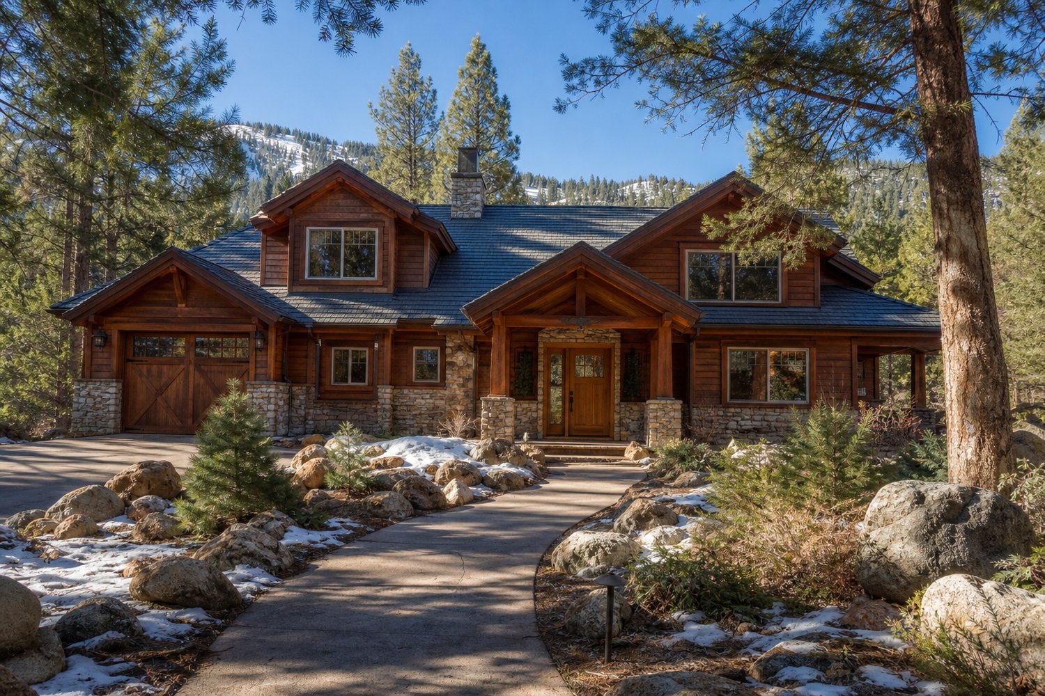 A house seen wide from the street, with its yard and setting in Big Bear Lake, CA — Bear's Iconic Ski Resorts