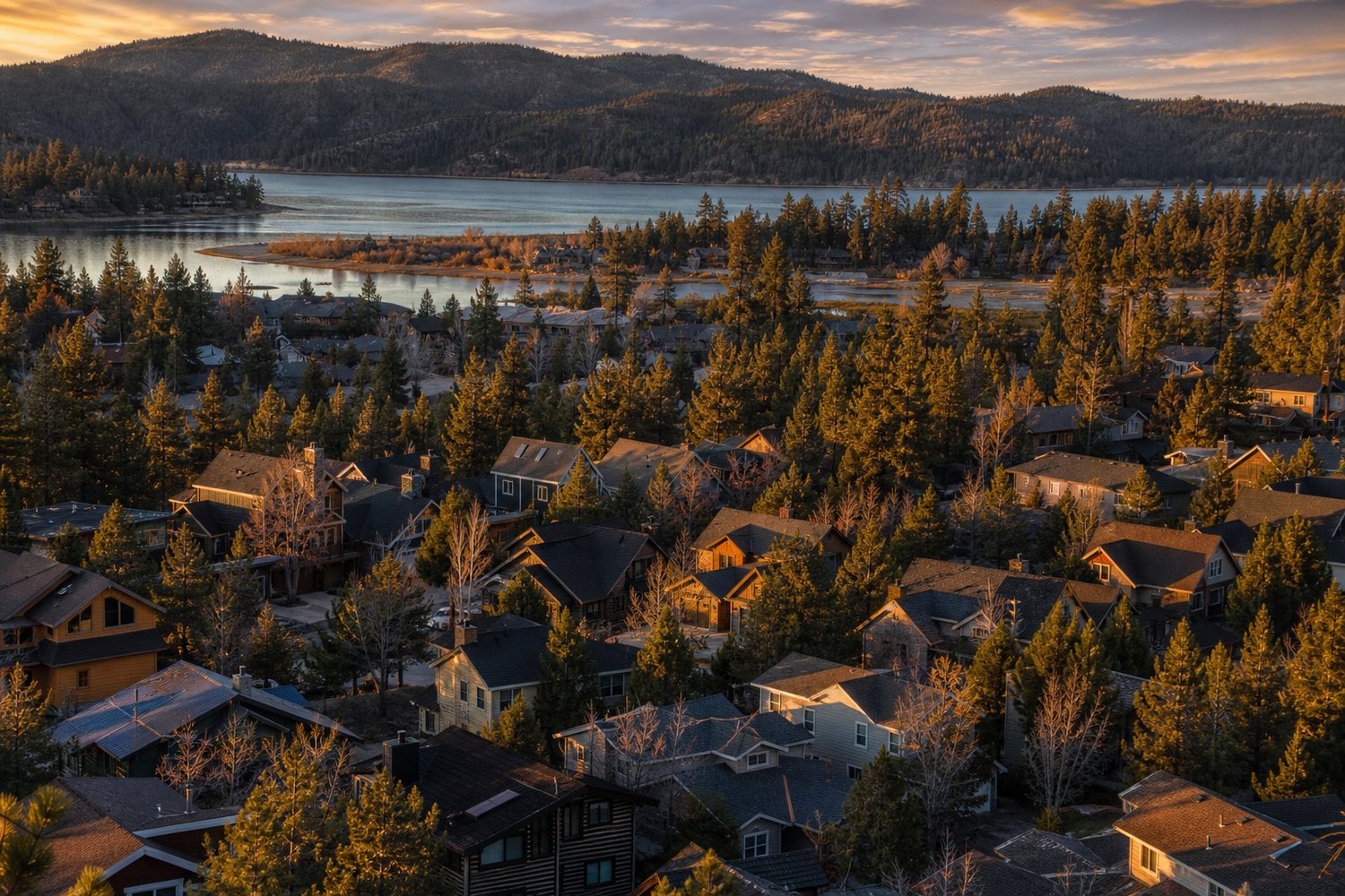 Rooftops packed across a neighborhood, seen from above in Big Bear Lake, CA
