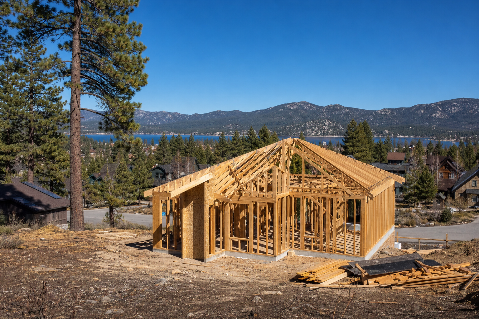A house under construction, still framed in timber in Big Bear Lake, CA