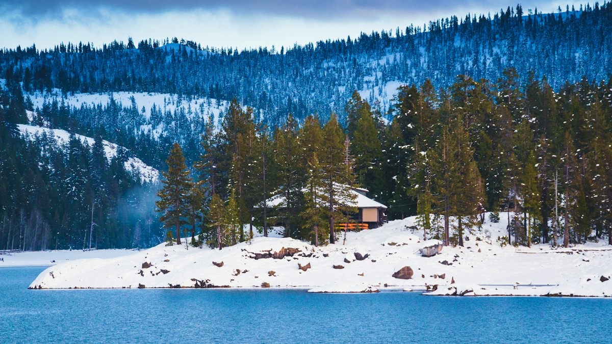Snow-covered cabin at Big Bear Lake in winter ski season
