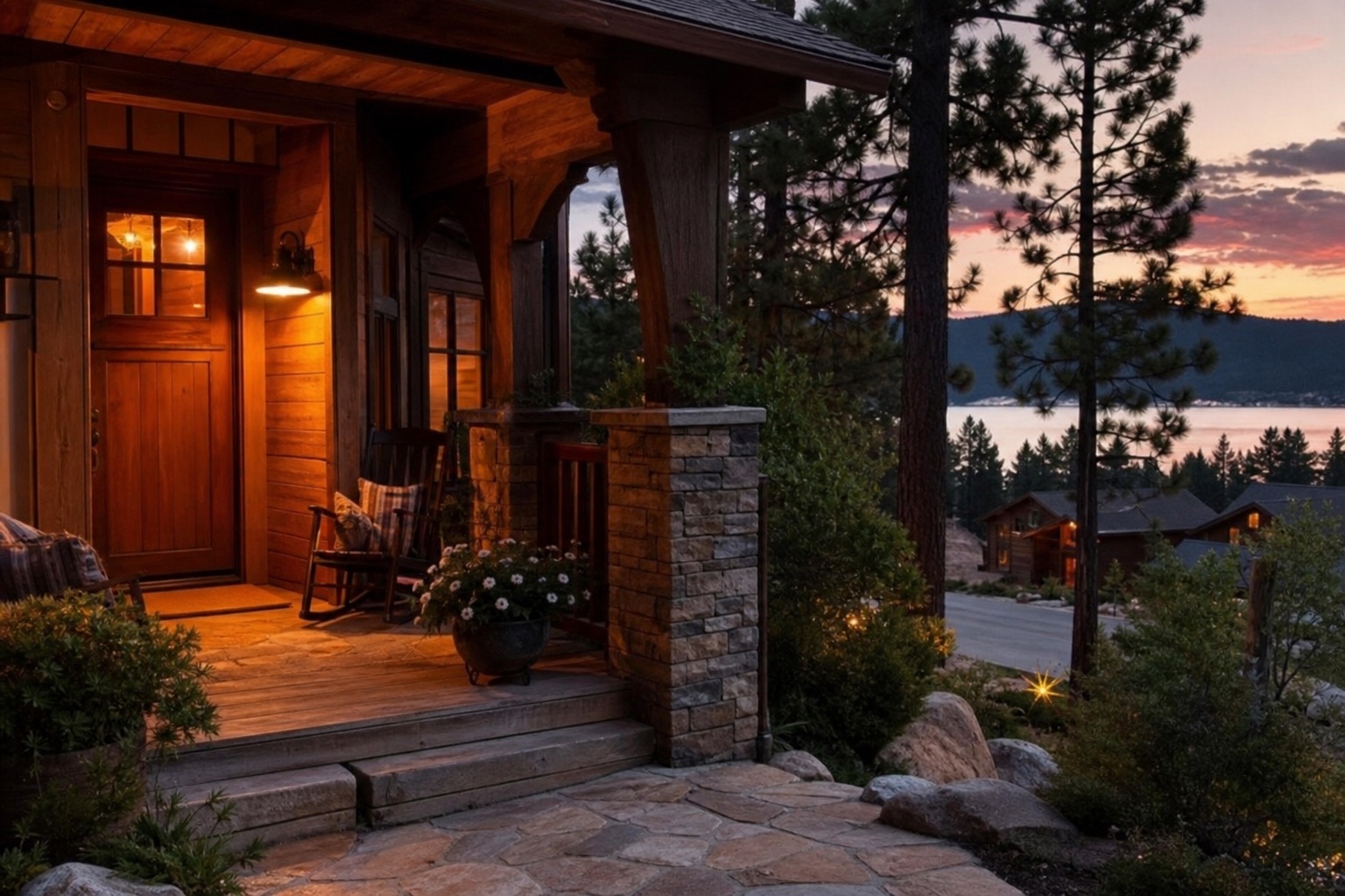 The front entrance of a house, framed from the walkway in Big Bear Lake, CA — Big Bear Buyers