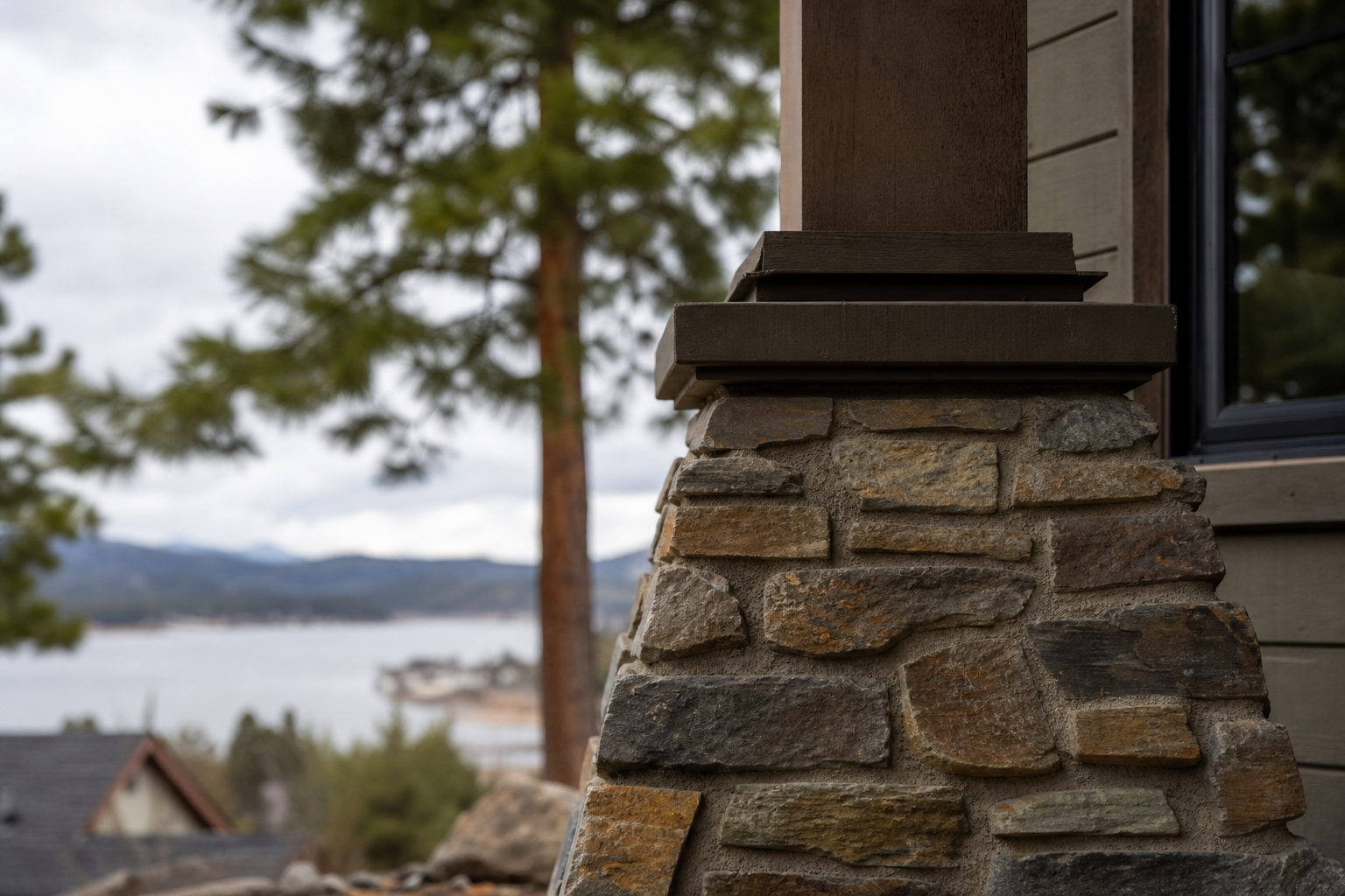 A close view of the exterior detail on a house in Big Bear Lake, CA