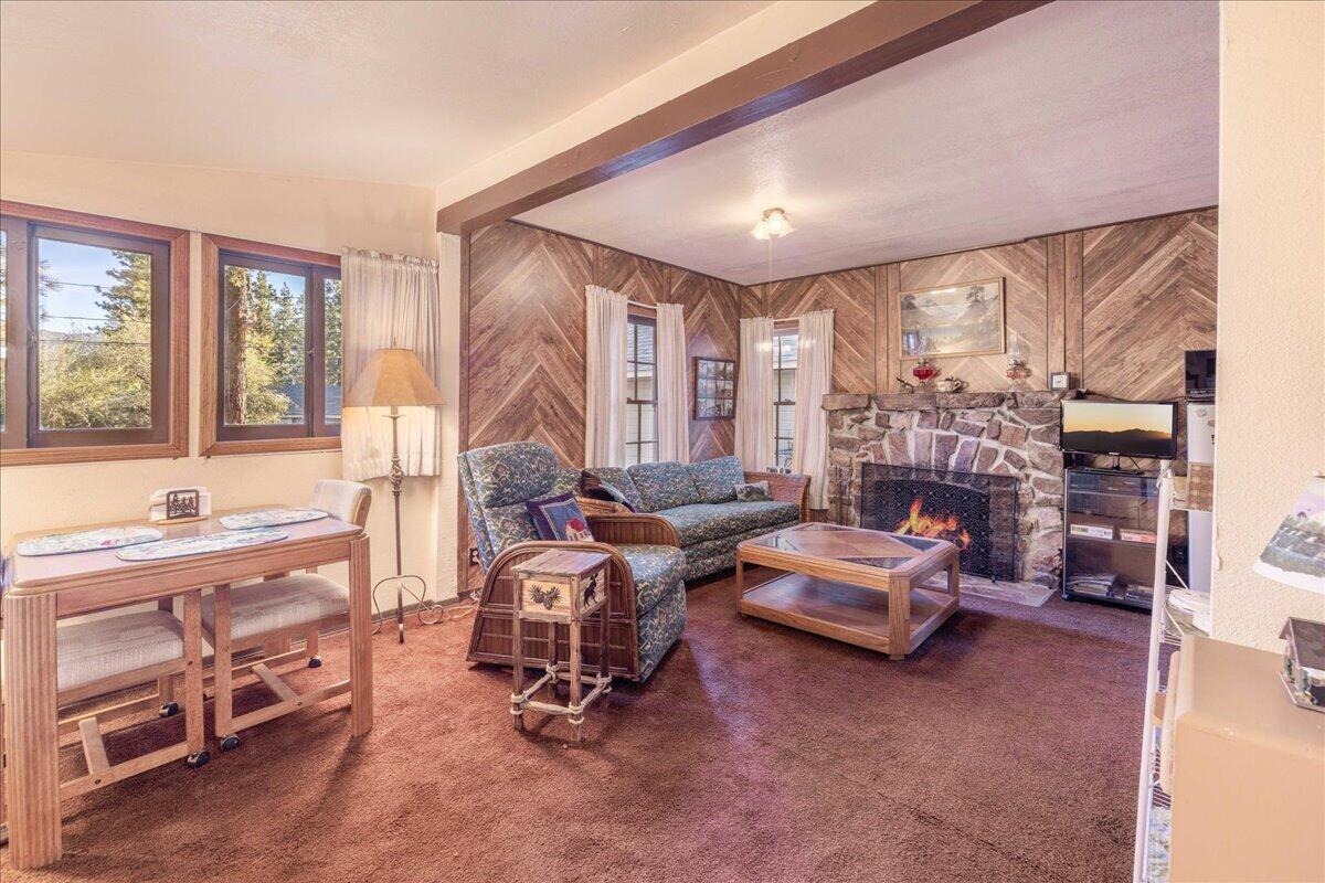 Open living area with chevron wood paneling, stone fireplace, and windows into the pines