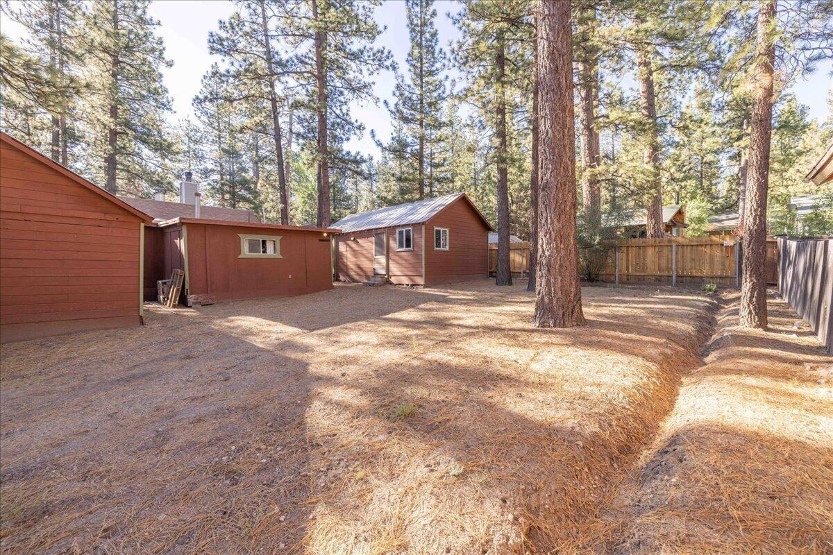 Rear exterior of the cabin and outbuilding on the treed, level lot